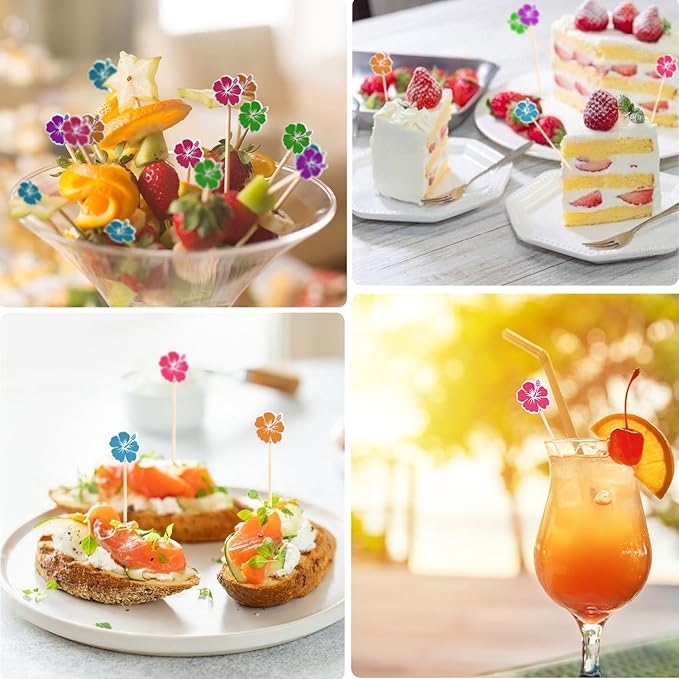 Hawaiian Hibiscus Cocktail Picks Summer Flower Decorative Toothpicks Fruit Dessert Sticks Food Sandwich Appetizer Charcuterie Skewers, for Luau Hawaii Tropical Decorations Floral Party Supplies