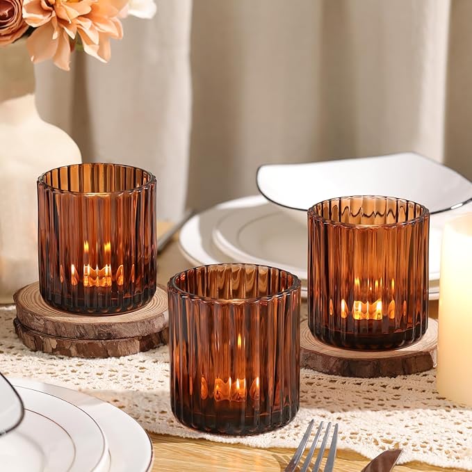 Amber Large Votive Candle Holder Set of 8, Tea Lights Candle Holders for Wedding Table Centerpieces, Boho Decor, Home Dinner Birthday Party Decor, Bridal Shower and Holiday Decorations