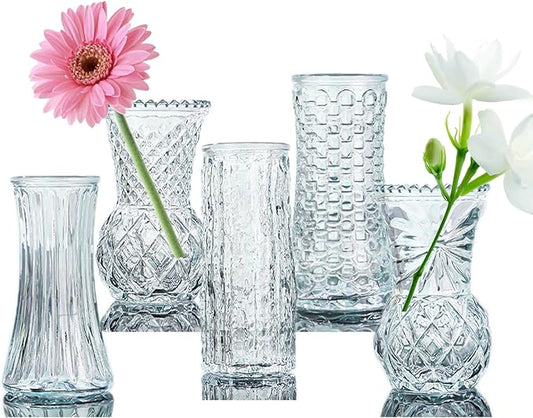 Glass Bud Vase Set of 5: Eylkoi Clear Vases for Centerpieces Decorative, Vintage Embossed in Bulk Crystal Textured Cute, Wedding Decor Mini Flower Floral Vase for Rustic Wedding, Home Table, Party