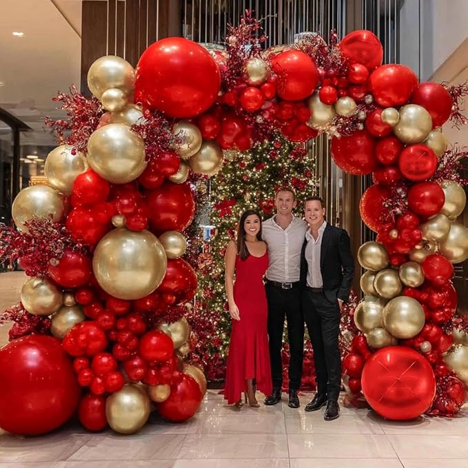 Red and Gold Balloon Garland Double Stuffed Ruby Red Gold Balloons Arch Kit With Mylar Balloon for Christmas New Year Baby Shower Valentine Anniversary Birthday Party Decoration