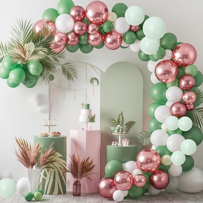 Sage Green and Rose Gold Balloons, 12 Inch Avocado Green Metallic Rose Gold Confetti Balloons, Retro Green White Balloons for Birthday Wedding Baby Shower Jungle Safari Party Decoration