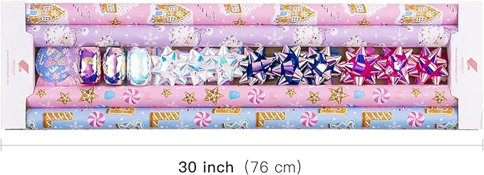 WRAPAHOLIC Christmas Wrapping Paper Set - Pastel Pink Purple Gingerbread House and Santa Wrapping Paper with Embossed Bundle with Gift Bow & Ribbon & Tag & Sticker
