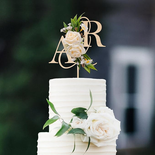 Wedding Cake Topper with 3D Artificial Flowers and Green Leaves Custom Initials Personalized Wooden Engagement Anniversary Cake Decoration