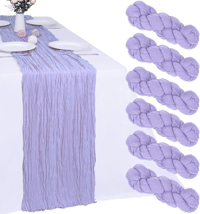 6 Pack Lavender Cheesecloth Table Runner 10FT Boho Gauze Fabric Table Runner 35 x 120 Inch Rustic Sheer Runner for Centerpiece Wedding Decor Baby Shower Party Boho Table Decoration