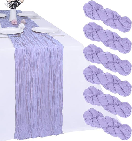 6 Pack Lavender Cheesecloth Table Runner 10FT Boho Gauze Fabric Table Runner 35 x 120 Inch Rustic Sheer Runner for Centerpiece Wedding Decor Baby Shower Party Boho Table Decoration