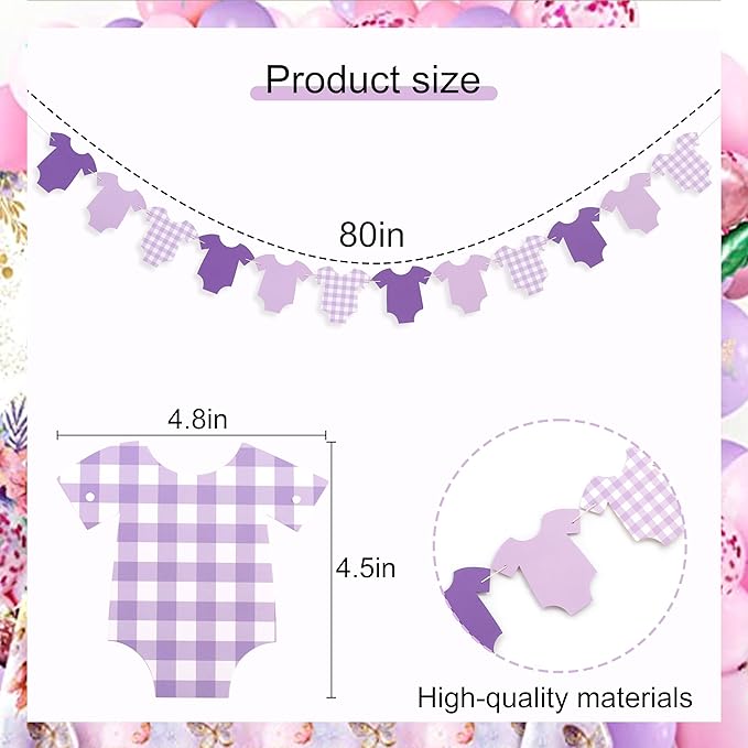 Purple Bodysuit Banner - Baby Shower Decoration Gingham Banner,Baby Bodysuit Gender Reveal Party (Purple)