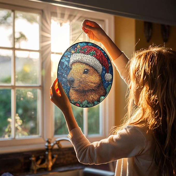 Squirrel Stained Glass Window Hanging Decor - Squirrel Christmas Hanging Ornament - Squirrel Christmas Decor - Window Hanging Ornament - Xmas Gifts for Women, Mom