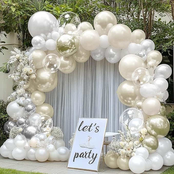 White Balloon Arch Double Stuffed Sand White Gold Pearl Bobo Balloons Light Gold Silver Latex Balloon Garland for Birthday Wedding Baby Shower Bridal Shower Baptism Party Decor