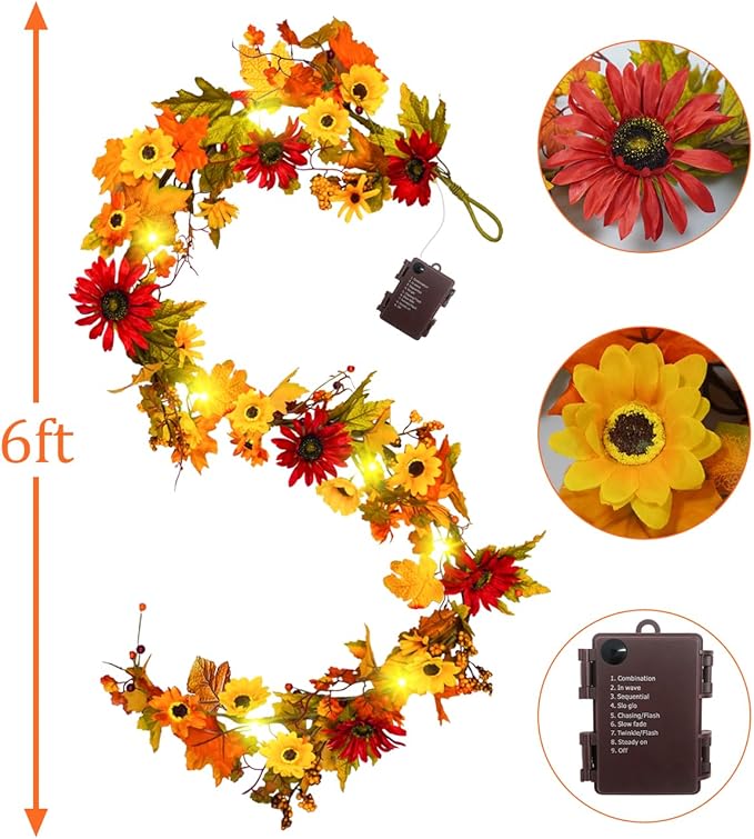 Uieke 6FT Fall Garland with Lights, Fall Maple Leaf Garland with Sunflowers Berries Fall Decor Garlands for Home Wedding Harvest Thanksgiving Mantle Fireplace Farmhouse Indoor Outdoor Decor