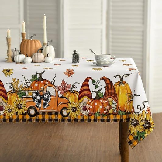 Horaldaily Fall Tablecloth 52x70 Inch Rectangular, Thanksgiving Autumn Harvest Orange Truck Gnome Pumpkin Buffalo Plaid Table Cover for Party Picnic Dinner Decor