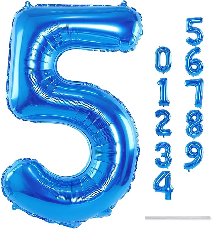 Blue Number Balloons, 40inch Large Number 5 Foil Mylar Helium Balloons, Self Inflating Number Balloons 0-9 for Men Boys 5th 50th 25th Birthday Anniversary Party Celebration Decoration Supplies