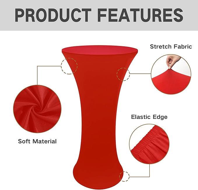 2PCS 24x43 Inch Round Fitted Cocktail Table Cover Red Spandex Cocktail Table Cloth Highboy Fitted Tablecloth High Top Table Cloths for Party Pub Banquet Bistro