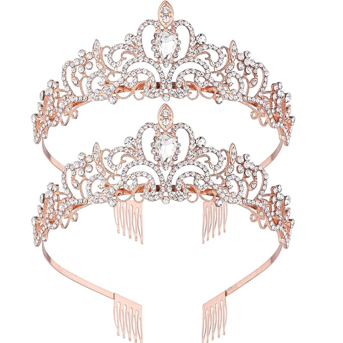 Tiara Crowns for Women, 2Pcs Princess Crown for Girls Crystal Queen Tiaras for Birthday Christmas Costume Bride Wedding Prom-Rose Gold