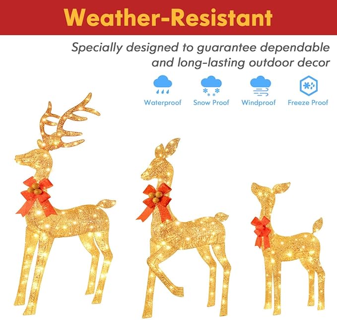 3-Piece Reindeer Outdoor Christmas Decoration, 5FT Large Lighted Christmas Deer Family Set, Outside Xmas Yard Lawn Decorations with 260 Bright LED Lights, Stakes, Zip Ties - Gold