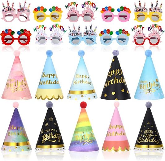 20 Pcs Birthday Party Hats and Sunglasses Set, Happy Birthday Cone Hats & Sunglasses Rainbow Party Cone Hat with Pom Poms for Adults & Kids Photo Props Parties Decor Favors Supplies
