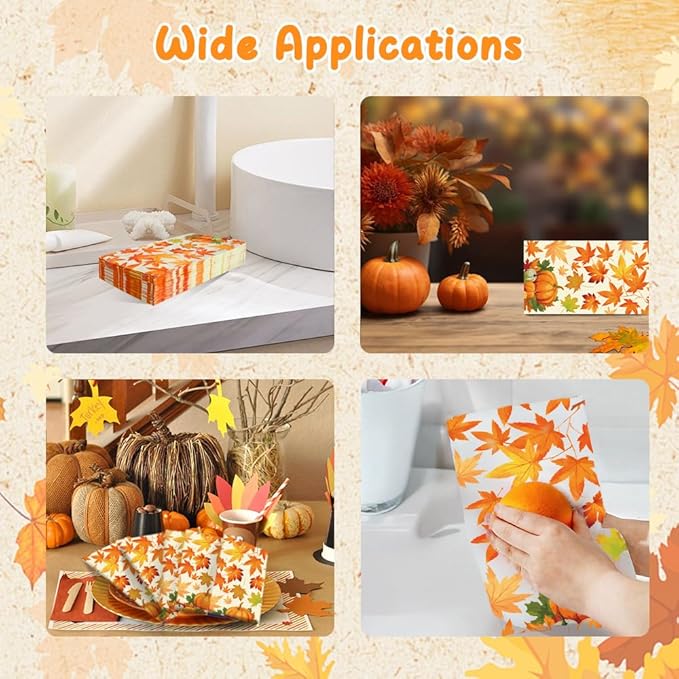 Thanksgiving Napkins Disposable 100 Pcs Thanksgiving Paper Napkins Decorative Falls Leaves Cocktail Napkins Autumn Fall Paper Napkins Guest Hand Towels for Thanksgivings Autumn Harvest Party Supplies