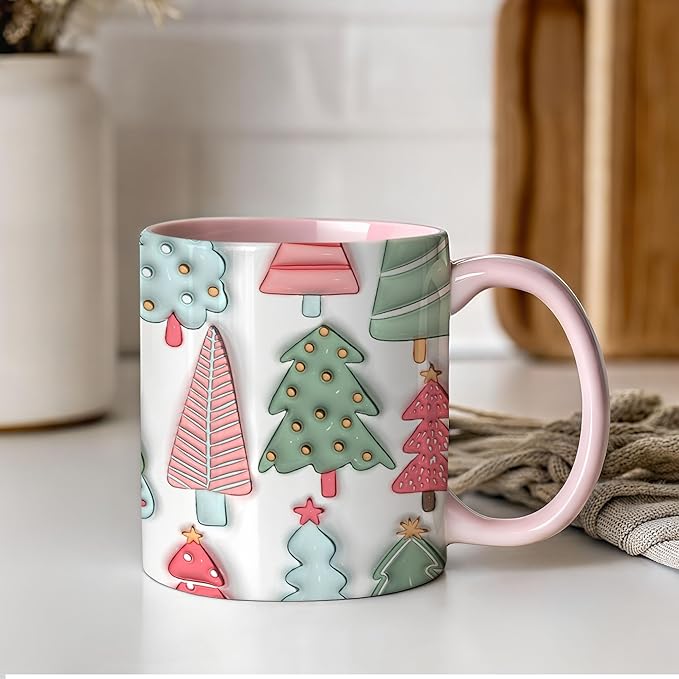 Christmas Trees Xmas 3D Inflated Mugs, Color Accent Coffee Cups, 11oz 15oz, Seasonal Gifts
