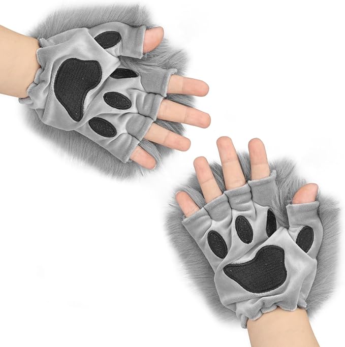 HAOAN Furry Fox Mask Wolf Fox Tail and Paw Gloves Set Adult Cat Halloween Mask Cosplay Animal Party Costume
