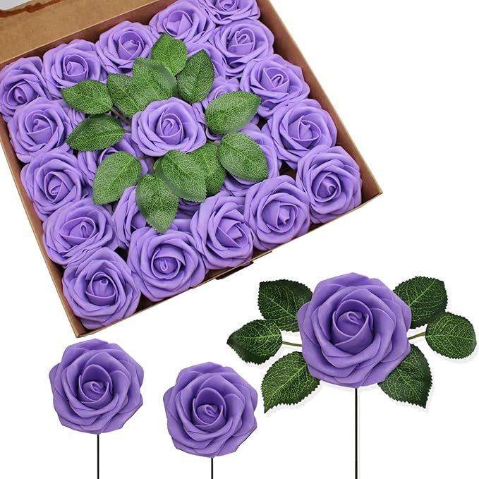 JOYLEX Artificial Flowers Realistic Roses, Real Looking Fake Roses with Stem for DIY Wedding Bouquets Centerpieces Bridal Shower Party Home Romantic Decorations (Purple, Regular 3" - 200pcs)