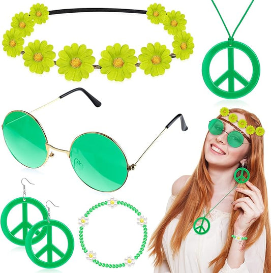 Batiyeer 6 Pcs Hippie Costume Accessories Set, Boho Peace Sign Daisy Flower 60s 70s Party Favors Decor for Groovy Party Women(Green)