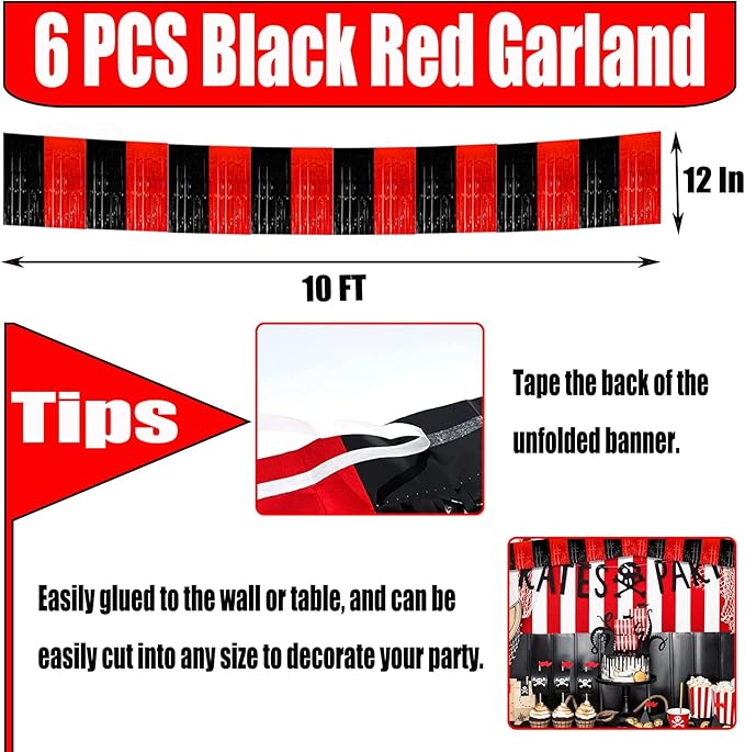 6 Pack 10 Feet Foil Fringe Garland Metallic Tinsel Streamers Banner Wall Hanging Backdrop for Parade Floats, Bachelorette, Casino Viva Las Vegas Game Night Birthday Party Decorations(Black Red)