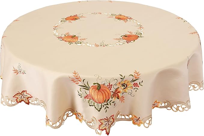 Simhomsen Embroidered Fall Autumn Harvest Pumpkins Tablecloth for Thanksgiving (Round 52 inches)