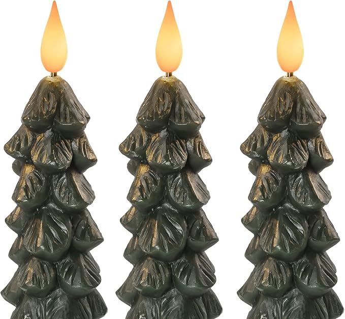 Homemory 3 PCS Flameless Taper Candles with 6-Hours Timer, 9.5 Inches Christmas Tree Candlesticks, Real Wax Battery Operated Window Candles with 3D Flickering Flame for Fireplace Christmas