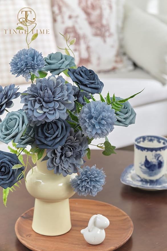 TINGE TIME Artificial Flowers Combo Box Set, Dusty Blue Roses Gradient Color Fake Roses with Stems for DIY Wedding Bouquets Table Centerpieces Baby Shower Home Party Floral Arrangements Decorations