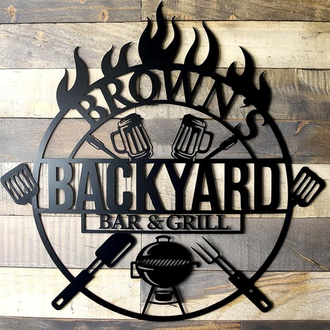 BBQ Metal Sign for Dad's Outdoor Kitchen - Personalized Barbecue Grill Name Sign - Backyard Patio, Porch, Garden Wall Decor - Unique Father's Day Gift