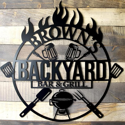 BBQ Metal Sign for Dad's Outdoor Kitchen - Personalized Barbecue Grill Name Sign - Backyard Patio, Porch, Garden Wall Decor - Unique Father's Day Gift