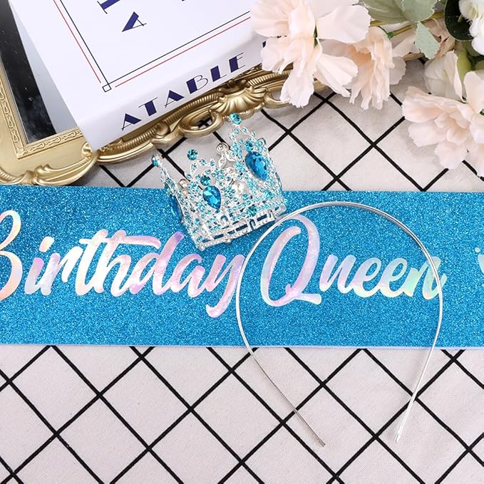 Birthday Queen Sash for Women Tiara & Crowns Headbands for Girls Happy Birthday Party Accessories Favor Supllies Leona Blue Silver Pink, 2 Pack