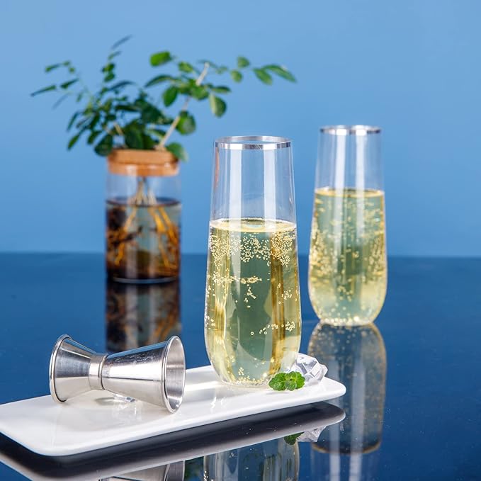 SUT 24PCS Silver Champagne Flutes Plastic, 9oz Stemless Plastic Champagne Glasses, Clear plastic Toasting Glasses With Silver Rim, Unbreakable, Shatterproof Mimosa Glasses, For Party,Shower