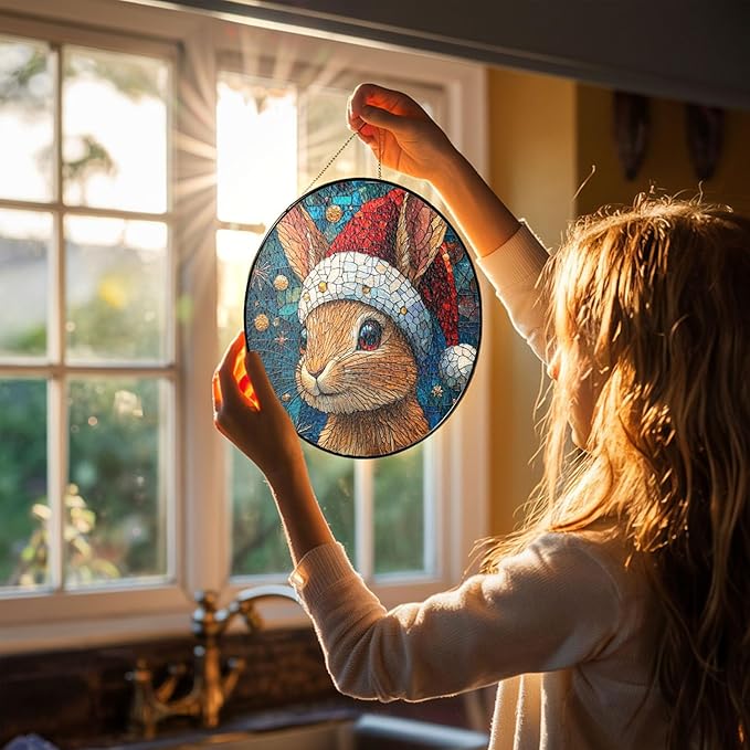 Desert Cottontail Rabbit Stained Glass Window Hanging Decor - Desert Cottontail Rabbit Christmas Decor - Wall Decor for Indoor Outdoor - Beautiful Xmas Gift & Home Decoration