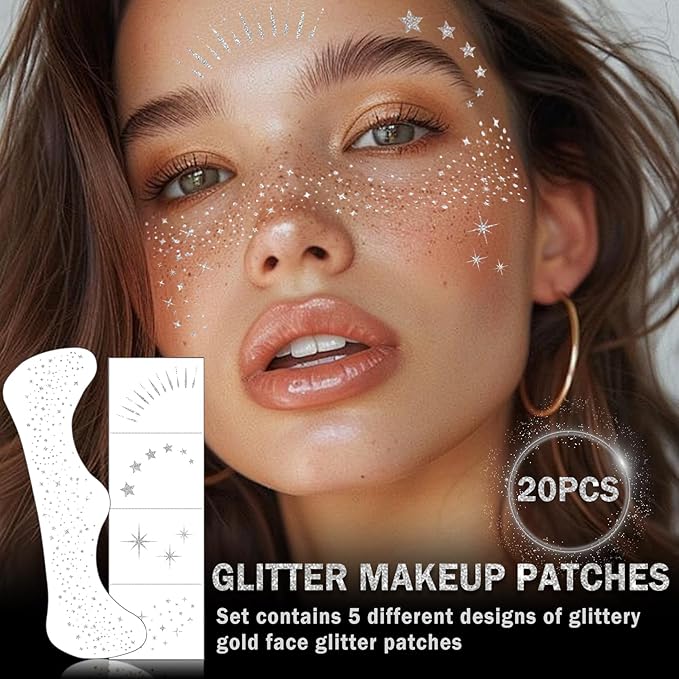 20PCS Glitter Freckles Face Tattoo Sparkle Freckles,Face Glitter Patches,Faux Freckles Temporary Tattoos Makeup for Halloween Christmas-Silver