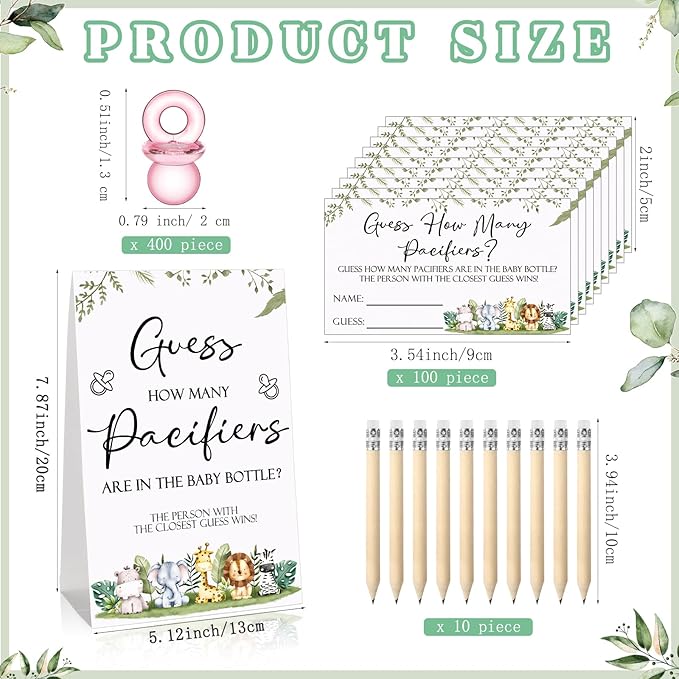 Roowest 512 Pcs Baby Shower Games Guess How Many Pacifiers Sign 100 Small Guessing Games 10 HB Pencils 750ml Milk Bottle 400 Acrylic Pacifiers Decoration for Guest Gender Reveal(Pink,Animal)