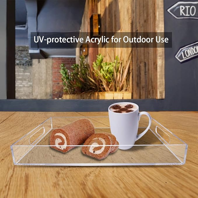 NIUBEE Acrylic Serving Tray 14x18 Inches -Spill Proof- Clear Decorative Tray Organiser for Ottoman Coffee Table Countertop with Handles