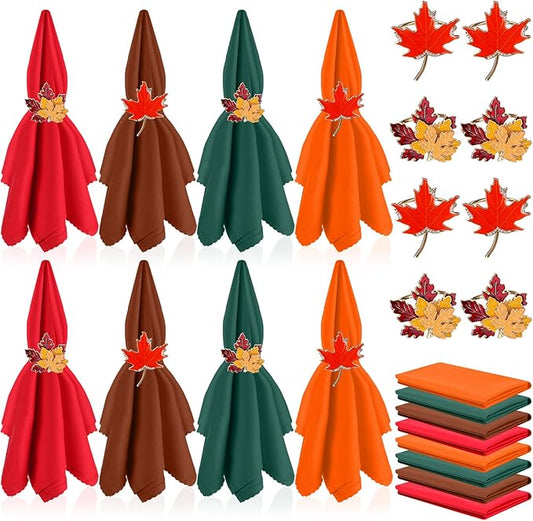 16 Pcs Fall Thanksgiving Cloth Napkin and Maple Leaves Napkin Ring Holder Buckles with Rhinestones Set for Harvest Season Thanksgiving Autumn Party Table Decorations (4 Colors)
