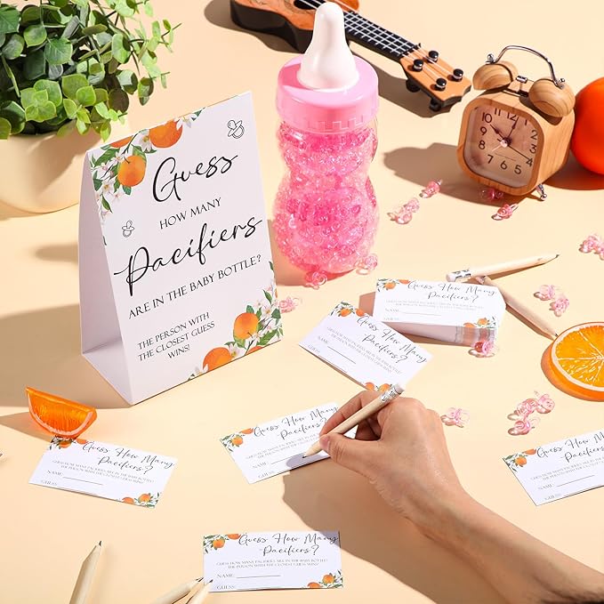 Roowest 512 Pcs Baby Shower Games Guess How Many Pacifiers Sign 100 Small Guessing Games 10 HB Pencils 750ml Milk Bottle 400 Acrylic Pacifiers Decoration for Guest Gender Reveal(Pink,Orange)