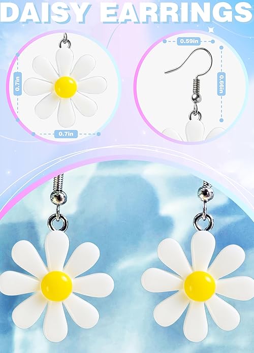 70s Women Accessories for Outfits Acrylic Daisy Costume Adult Flower Drop Earrings for Women – Lightweight Yellow Dangle Jewelry, Cute Summer Accessories