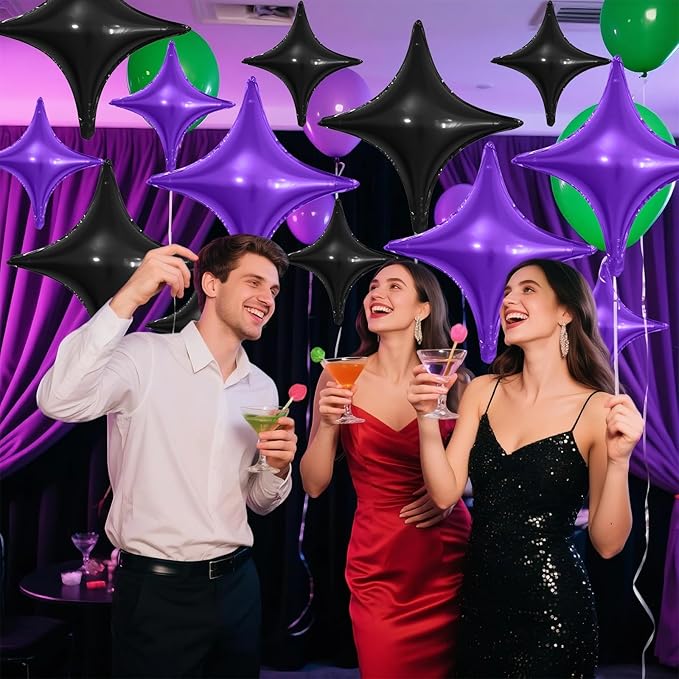 Black Purple Star Balloons,12Pcs Four Angle Star Foil Balloons,26Inch and 10Inch Black Purple Quadrangle Helium Balloon for Halloween Birthday Baby Shower Anniversary Party Decorations