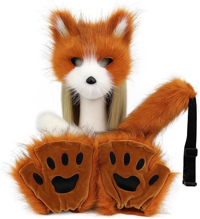 HAOAN Furry Fox Mask Wolf Fox Tail and Paw Gloves Set Adult Cat Halloween Mask Cosplay Animal Party Costume