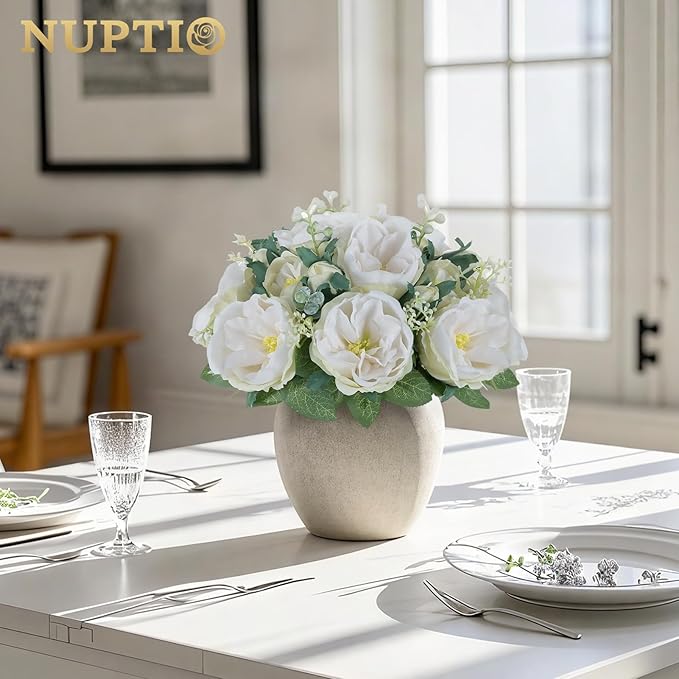 NUPTIO Artificial Flowers Ball Centerpieces: 2 Pcs 9.8 Inch Diameter Fake Kissing Rose Floral Balls for Wedding Party Bridal Shower Valentine Home - White Bouquet Arrangement Decorations for Table