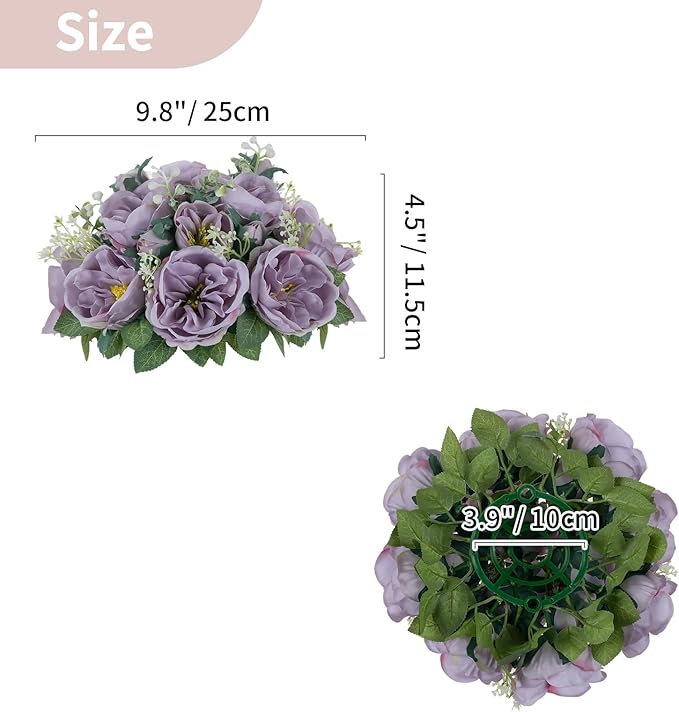 NUPTIO Artificial Flowers Ball Centerpieces: 2 Pcs 9.8 Inch Diameter Fake Kissing Rose Floral Balls for Wedding Party Bridal Shower Valentine Home - Purple Bouquet Arrangement Decorations for Table
