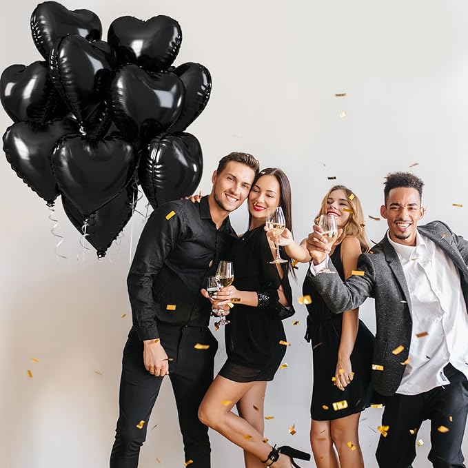 Black Heart Balloons, 18 Inch Black Helium Heart Balloons, 12Pcs Large Black Heart Shape Mylar Balloons, Black Foil Heart Balloons for Boys Men Birthday Graduation Engagement Valentines