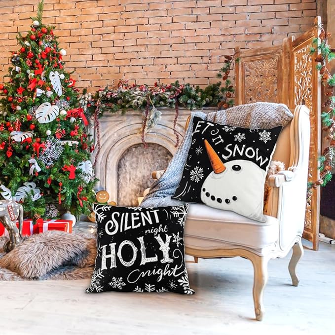 Christmas Pillow Covers - 18x18 inch Black Merry Christmas Snowflake Snowman Tree Decorations Throw Cushion Case for Indoor Home Bedroom Couch Decor