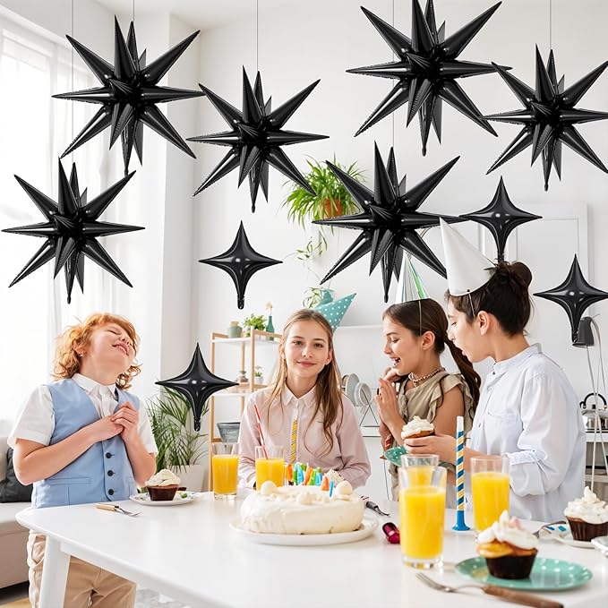 18 Pcs Black Star Balloons, Black Balloon with 6 Pcs 22-Inch Explosion Star Balloons 12Pcs 10-Inch Four Pointed Stars Foil Balloon for Anniversary Retirement Disco Birthday Party Decorations