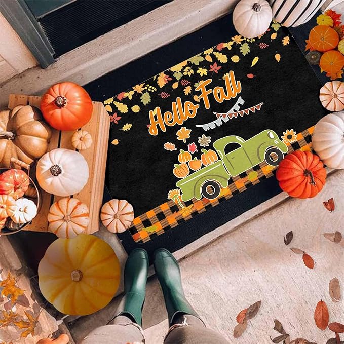 InterestPrint Fall-Happy-Thanksgiving Door Mat Fall Truck Maple Leaves Welcome Doormat, Seasonal Harvest Thanksgiving Vintage Rustic Low-Profile Floor Switch Mat for Indoor Outdoor, 30"x18"inch