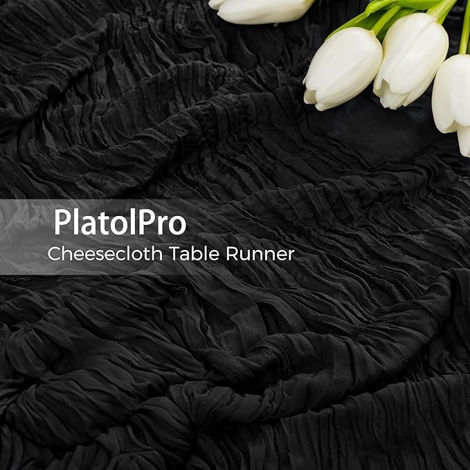 10 PCS Pack Black Cheesecloth Table Runner 10ft Boho Gauze Fabric Cheese Cloth Table Runner Comes with 10 Cloth Napkins Runner for Romantic Wedding Birthday Shower Party Table Decoration