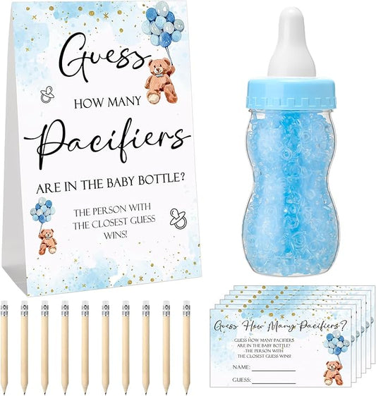 Roowest 512 Pcs Baby Shower Games Guess How Many Pacifiers Sign 100 Small Guessing Games 10 HB Pencils 750ml Milk Bottle 400 Acrylic Pacifiers Decoration for Guest Gender Reveal(Blue,Bear)