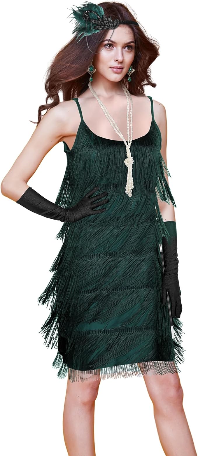 Zhanmai 6 Pcs Flapper Dress Flapper Costumes for Women 1920s Accessories Set Headband Pearl Necklace Earrings Gloves Stick